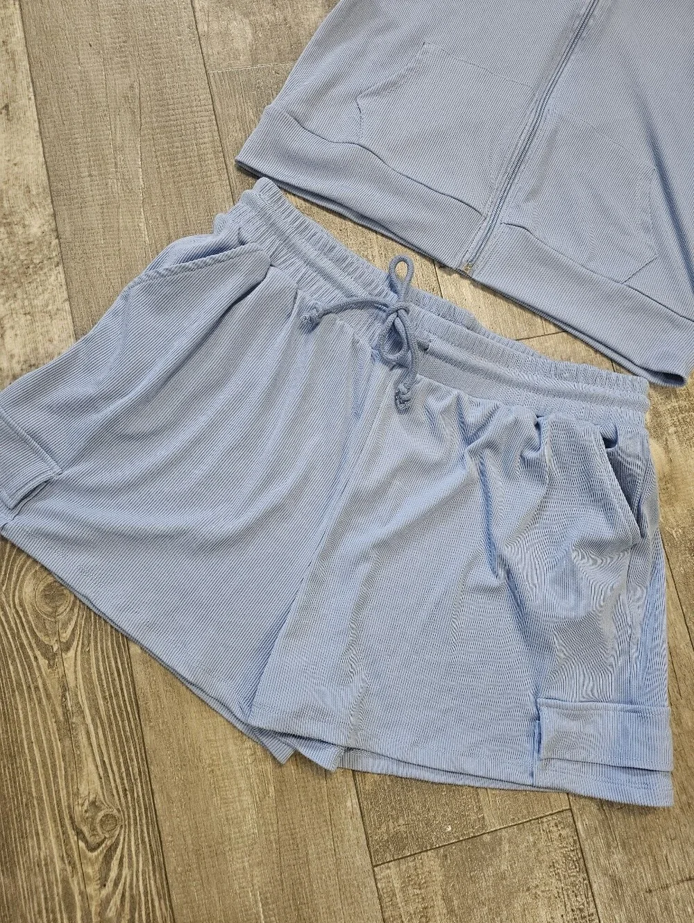 Light Blue Short Sleeve Hoodie and Drawstring Shorts Set